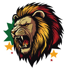Fierce Lion Roaring With Stars And Green Shape On White Background Vector