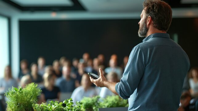 Businessman giving presentation to large audience