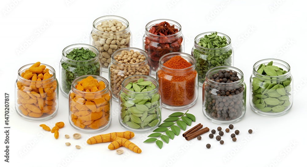 Poster isolated assorted spices in glass jars 3d rendering on white background for culinary and decoration 