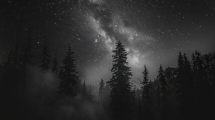 Fototapeta premium Serene and peaceful forest at night, with a large starry sky above