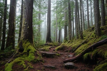 Obraz premium Misty forest path, moss covered roots, tranquil