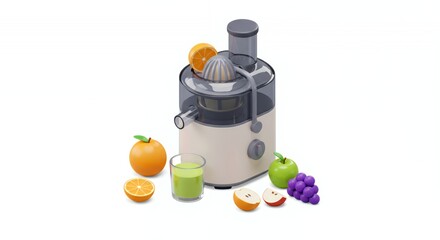 Isometric 3D Juicer with Assorted Fruits on White Background Featuring Orange Apple and Grapes in Clean Kitchen Setting for Health and Wellness Promotion