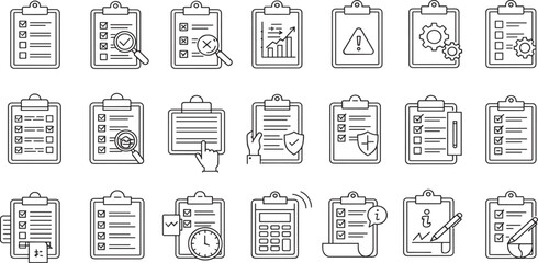 Clipboard, checklist, report, survey or agreement editable stroke outline icons set isolated on white background flat vector illustration.