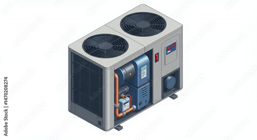 Poster isometric 3d rendering of a gray cooling system isolated on white background for air conditioning an
