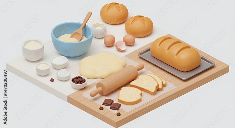 Poster isometric 3d rendering of baking ingredients on white background with dough rolling pin eggs and bre
