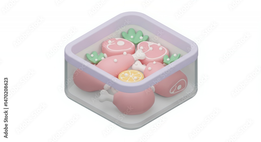 Poster isometric 3d rendering of cartoonish pastel color meal in a clear container isolated on white backgr