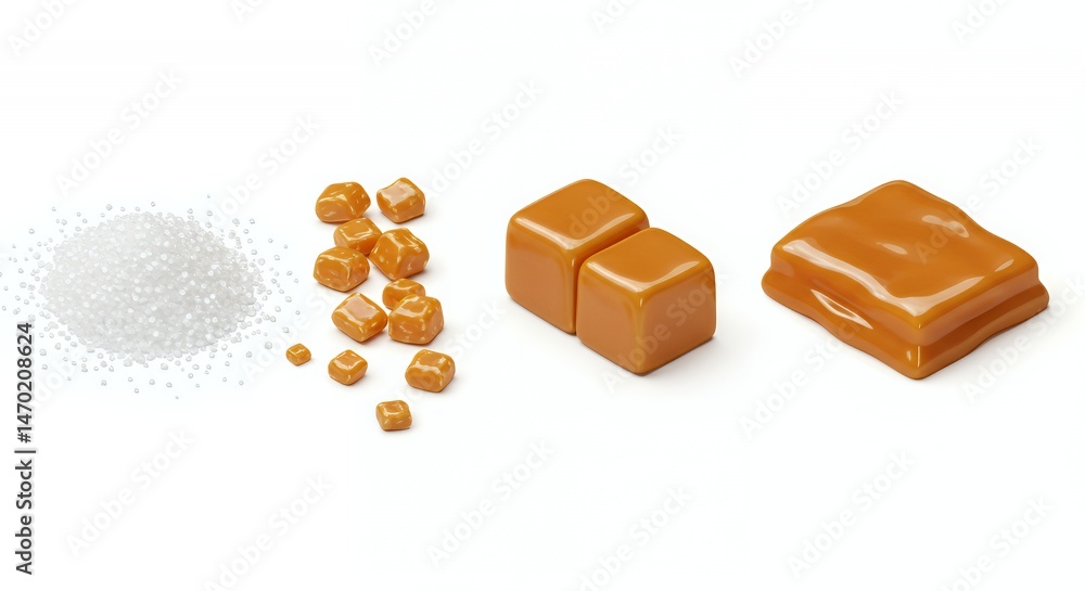 Poster isometric 3d rendering of caramelization process with sugar crystals cubes of soft caramel and liqui