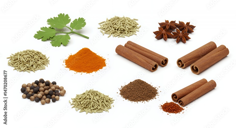 Poster isometric 3d rendering of cinnamon cilantro and spices isolated on white background with earth tones