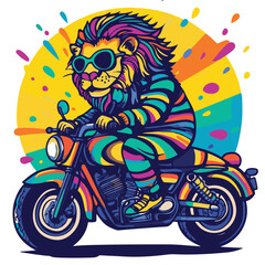Fototapeta premium Colorful Lion Rider On Motorcycle Quirky Animal Illustration Fun Vibrant Art
