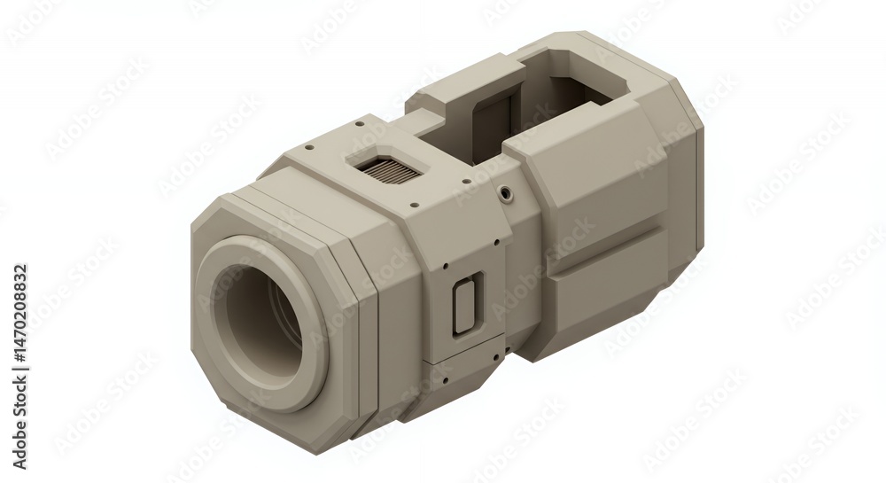 Poster isometric 3d rendering of cylindrical object with geometric shapes in neutral colors isolated on whi