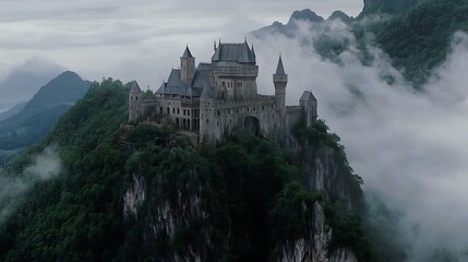 Medieval fortress on mountain peak surrounded by mist