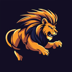Vector Illustration Of A Crouching Lion With Angry Expression On Dark Background