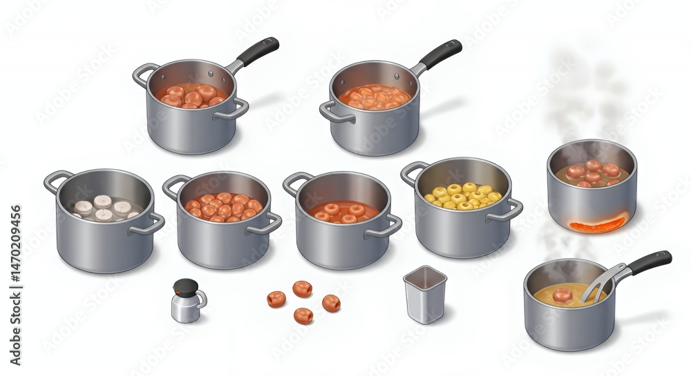 Poster isometric 3d rendering of parboiling process in silver pots with meats and vegetables isolated on wh