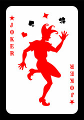 Original design of the Joker playing card. Red Joker, playing card with the image of a silhouette of a dancing jester. Vector illustration