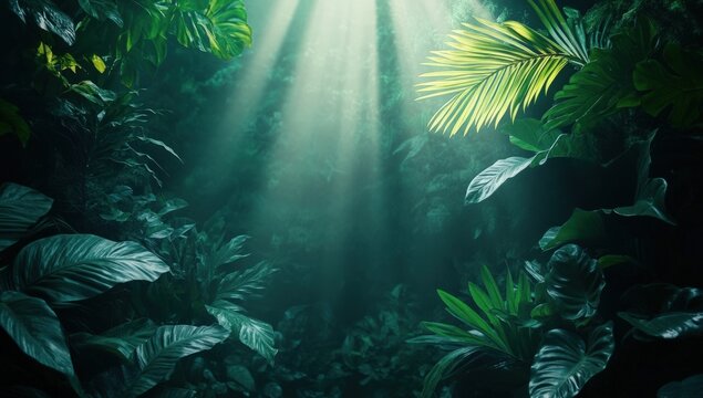 Lush jungle foliage, sunlight rays
