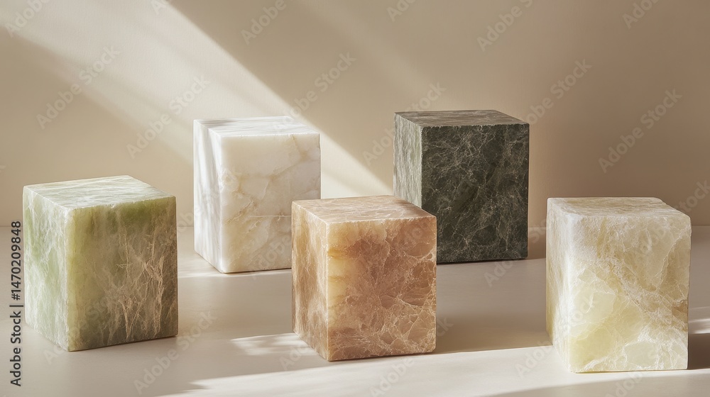 Poster five textured square blocks in varying colors beige green white and brown are arranged against a neu