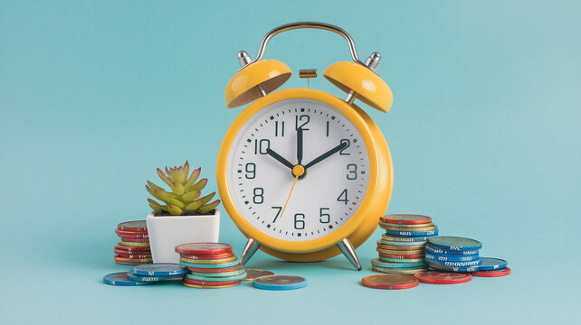 Yellow alarm clock, stacks of coins, succulent plant in pot on blue background, showcasing time and money concept - Powered by Adobe