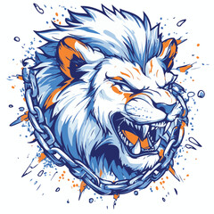Cartoon Style Lion Head Vector Illustration With Chain And Splash Effect