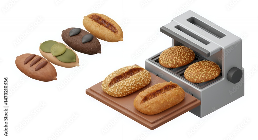 Poster isometric toaster with assorted seeded breads 3d render isolated on white