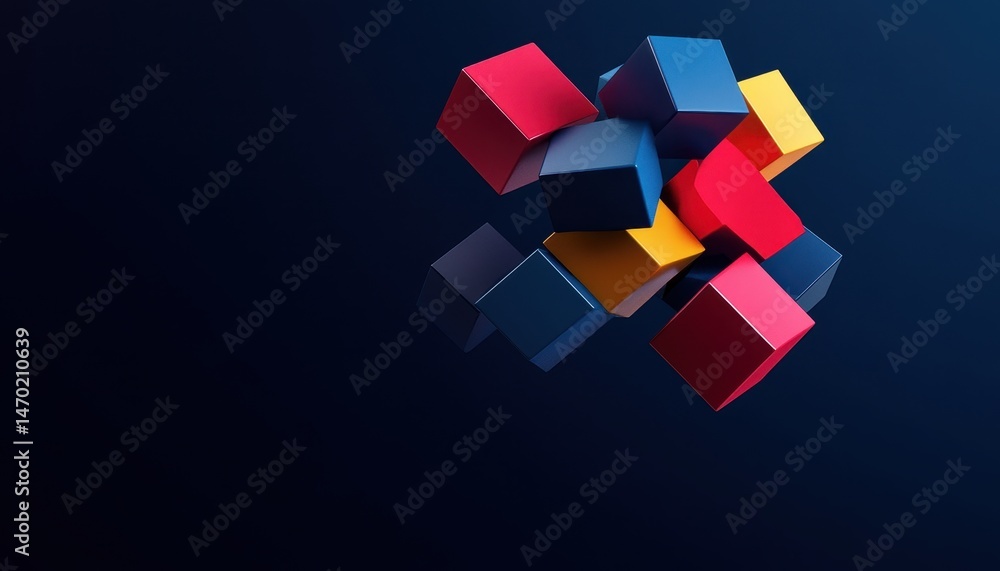 Poster abstract composition of floating colorful cubes in shades of red blue and yellow against a dark back