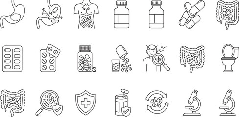 Digestion, intestine, stomach, and probiotics editable stroke outline icons set isolated on white background flat vector illustration.