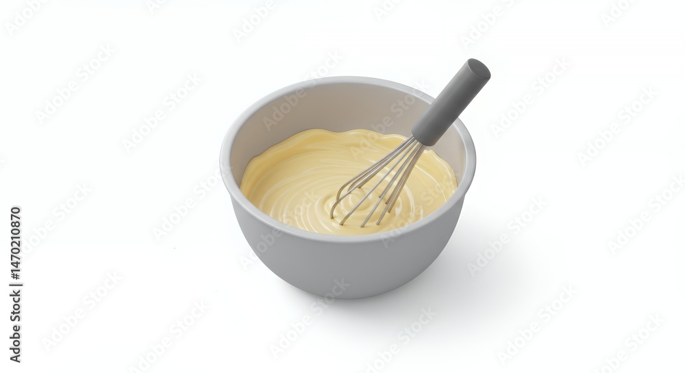 Poster isometric view of custard base being whisked in light gray bowl with silver whisk on white backgroun