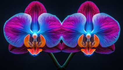 Mirrored vibrant orchids, purple, blue, orange hues