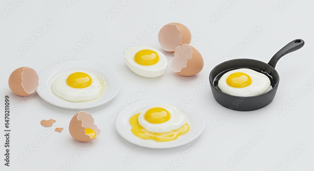 Aufkleber isometric view of poached eggs with eggshells on white background in 3d render
