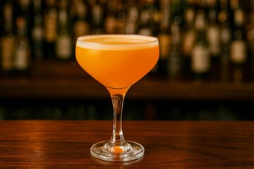 Bright Naked and Famous Cocktail Served Elegantly in a Coupe Glass at a Bar With a Blurred Background of Liquor Bottles