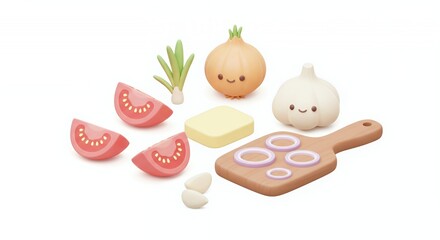 Kawaii Cooking Ingredients Isometric View Pastel Colors 3D Rendering Featuring Onion Tomato Garlic Butter and Green Onions Isolated on White Background