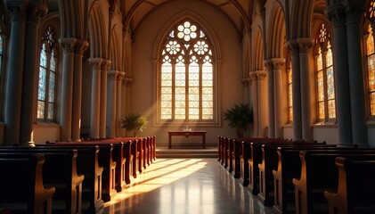 Obraz premium Serene church interior, stained glass window, soft light, peaceful atmosphere , bible, protestant