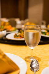 Close up of a glass of cool water on the table setting in the event at hotel