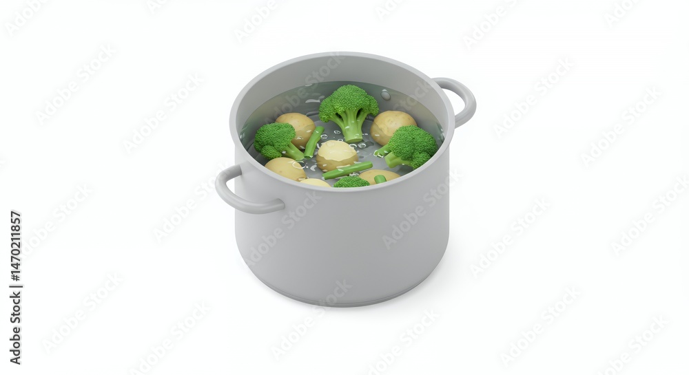 Poster parboiling isometric 3d rendering of vegetables in gray pot on isolated white background