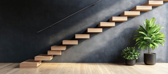 Naklejka premium Modern wooden staircase against a dark wall with two potted plants