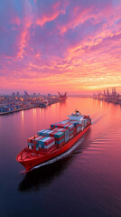 Fototapeta premium A large container ship with containers on the deck is sailing in calm waters against the background of an industrial port and sky at sunset. Global logistics, cargo transportation by sea for internati