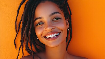A joyful young woman with long, dark dreadlocks smiles broadly against an orange backdrop.