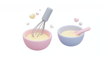 Pastel Whisking Custard Bowls Isometric 3D Render Isolated on White Screen for Cooking and Dessert Themes