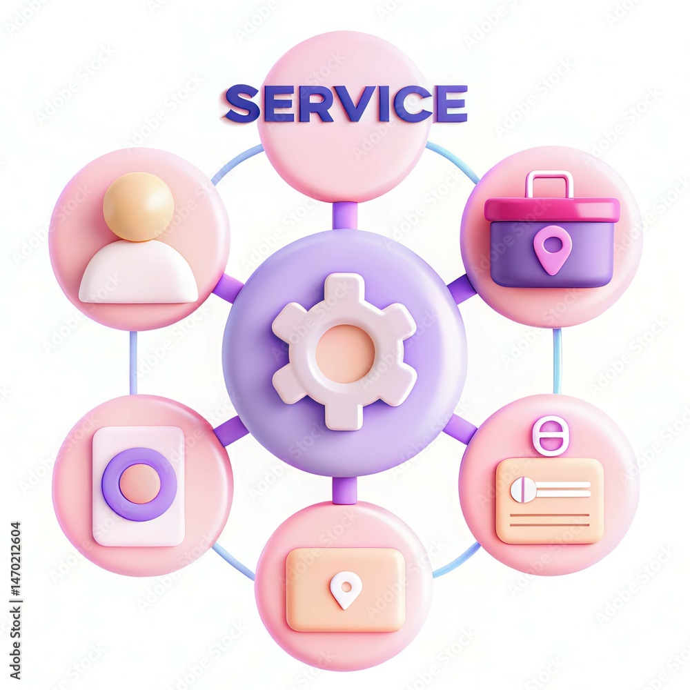 Poster a modern infographic layout illustrating various services with colorful rounded icons in a sleek des