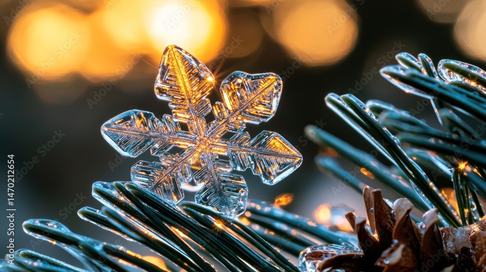 Poster A Delicate Snowflake Resting on a Pine Branch Beautifully Illuminated