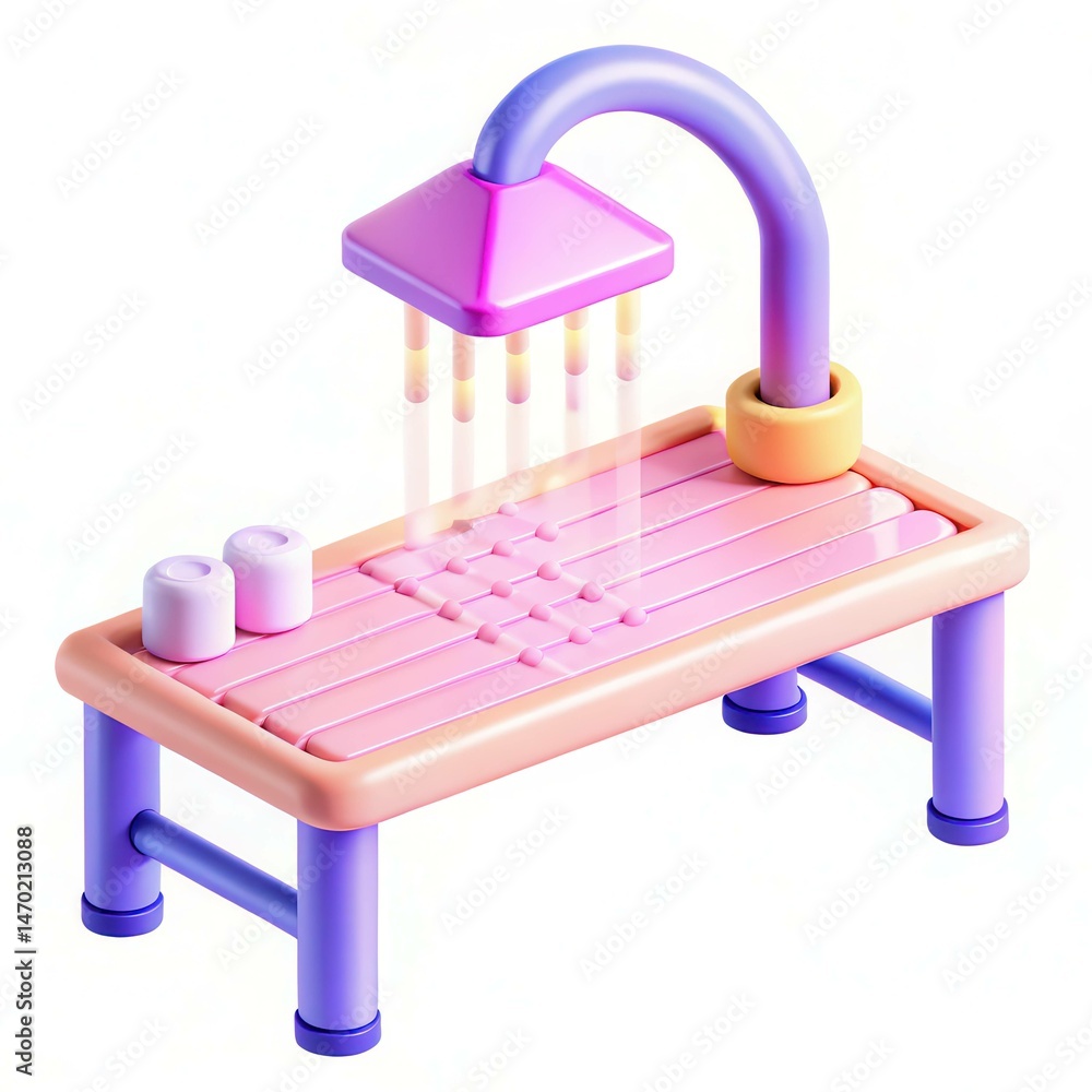 Poster a colorful modern table with a unique design and a whimsical shower head above it.