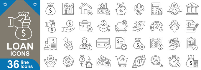 Loan line icons set. Thin outline finance symbols for personal loan, home, credit, lending, mortgage, banking, debt, interest, payment, budget, agreement, and more. Vector illustration