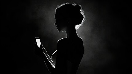 A silhouette of a woman in a black long-sleeve outfit, dancing with one arm extended and holding a smartphone in the other hand.