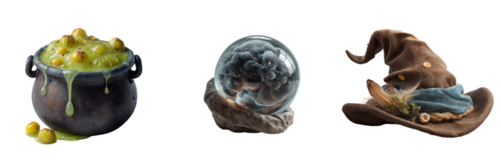 Halloween cauldron crystal ball witch hat transparent background spooky decor