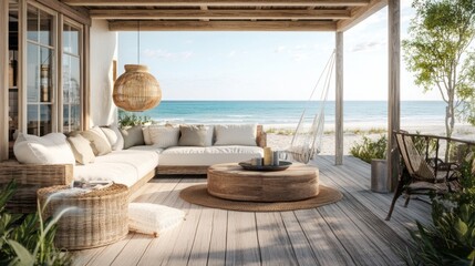 Coastal outdoor living space with a breezy aesthetic.  Relaxing patio furnished with wicker furniture, soft cushions, and a stunning ocean view