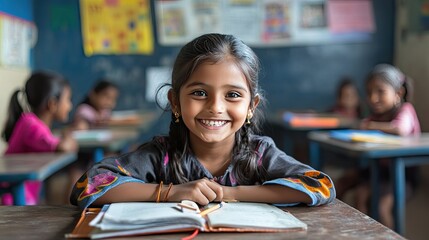 A young girl with long, curly hair and a bright smile sits at a classroom table, wearing a purple sweater.