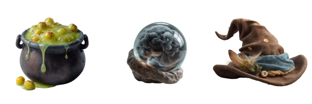 Halloween cauldron crystal ball witch hat transparent background spooky decor