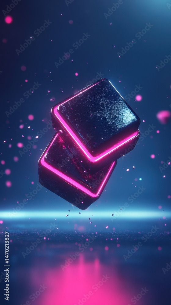 Poster two illuminated pixelated cubes with pink neon outlines floating against a dark blue background. the