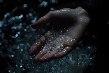 Fototapeta premium Cinematic shot showcases water cascading over an open hand in dramatic light