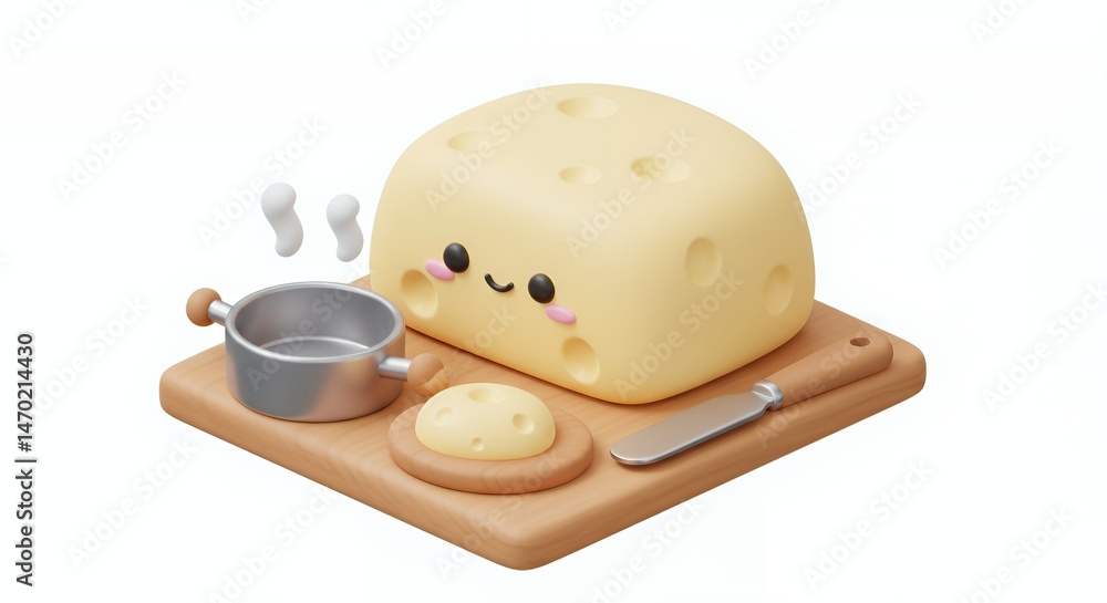 Poster cartoon cheese character with cooking utensils in isometric 3d rendering isolated on white backgroun