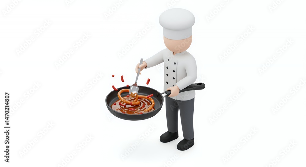 Poster chef character cooking in pan 3d rendering isometric view isolated on white background perfect for c